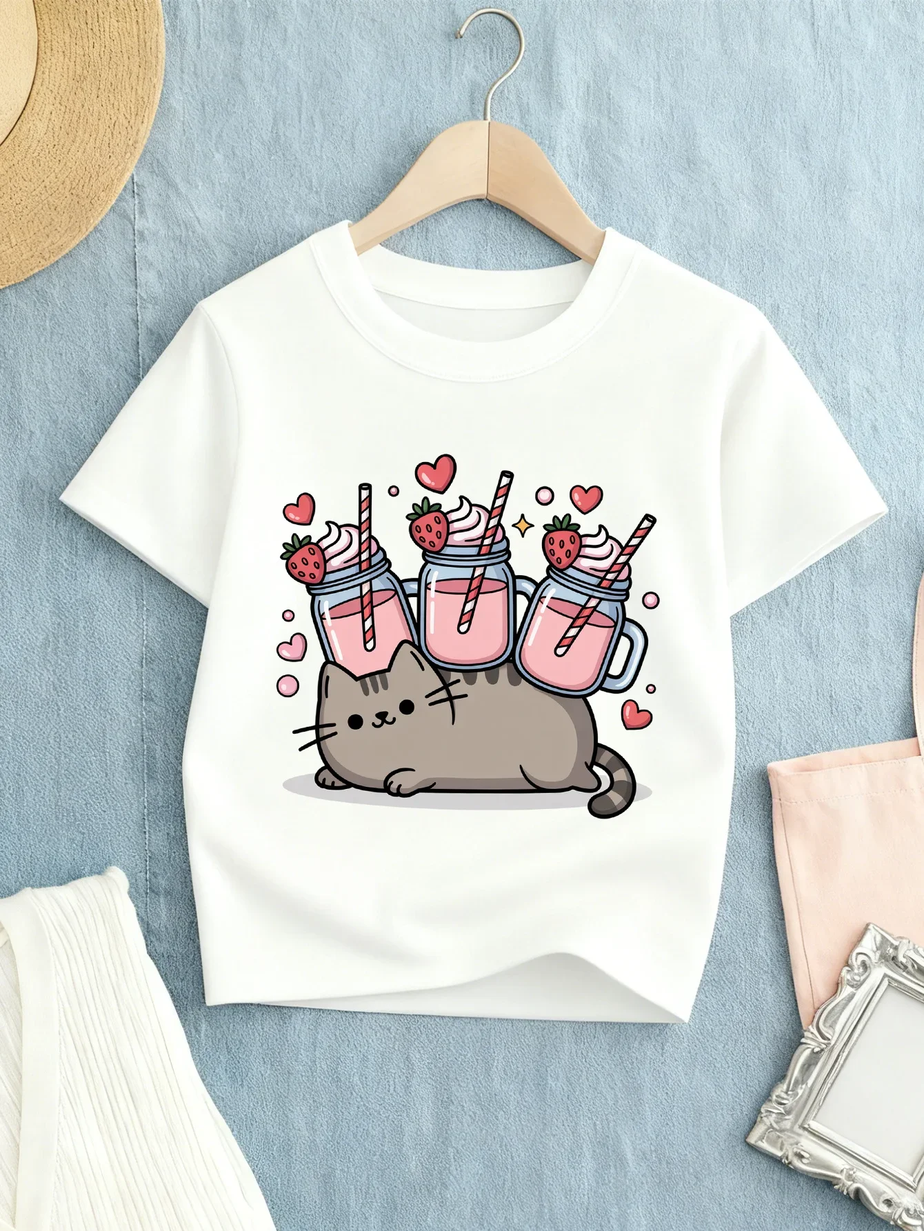 Cute Lazy Tabby Cat With Three Strawberry Milkshake Jars And Hearts Graphic Short Sleeve Tee Sweet Dessert Pet Print Casual Top