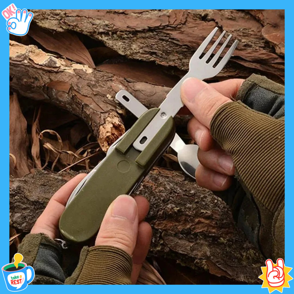  7 In 1 Multifunctional Outdoor Tableware Stainless Steel Foldable Fork Spoon Knife Picnic Camping Hiking Travelling Dinnerware 