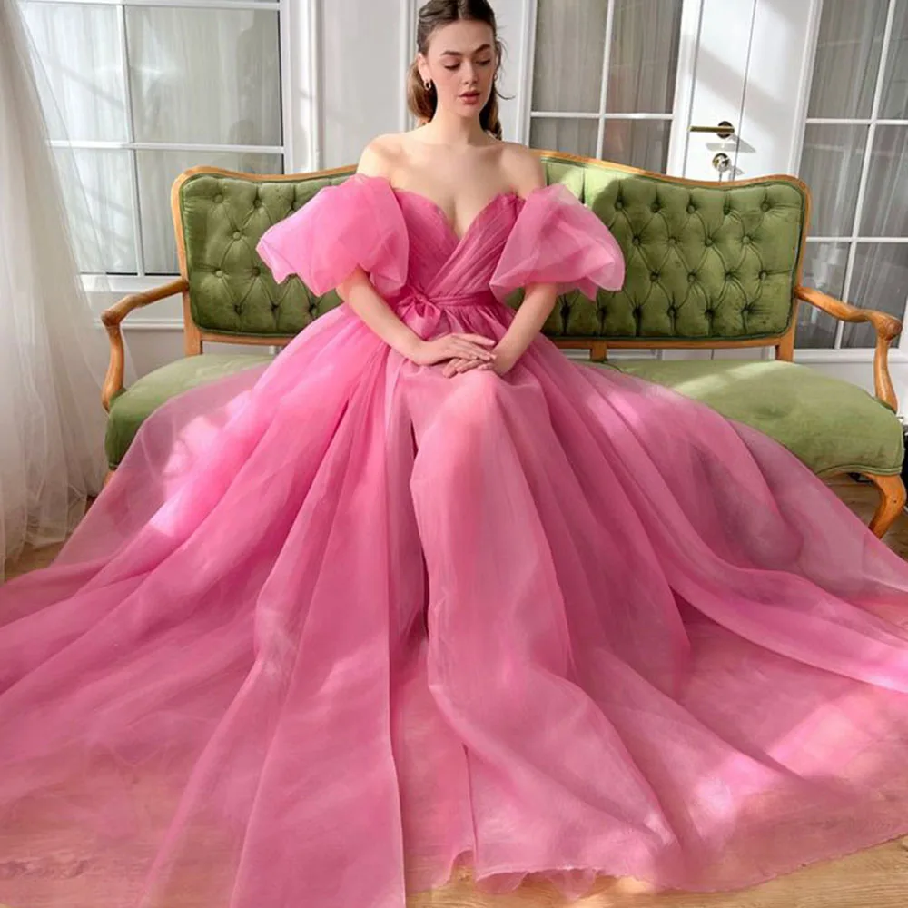 Elegant Pink Women Prom Dresses Sweetheart Floor Length Short Sleeves High Side Split Party Daily Fashion Chic Female Ball Gowns