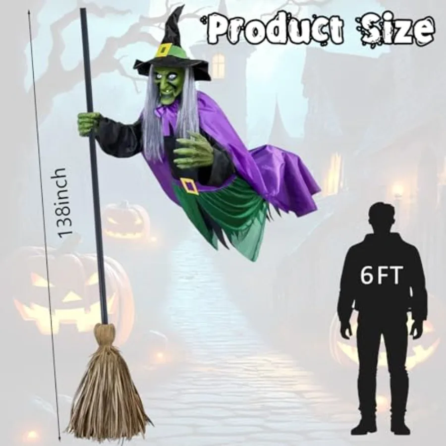 Outdoor Halloween Decorations: 11.5 Ft Animated Hovering Witch Animatronics, PVC Black, Sound Touch Activated Sensor for Garden