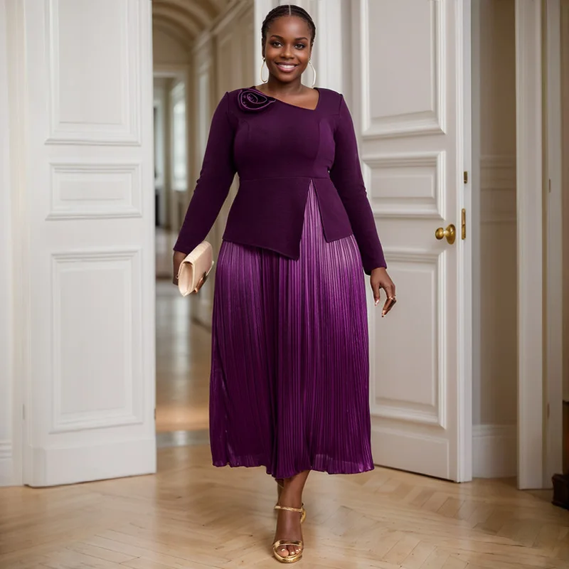 

2025 new spring fashion light ripe wind dark purple fake two dresses dress party banquet high-waisted dress