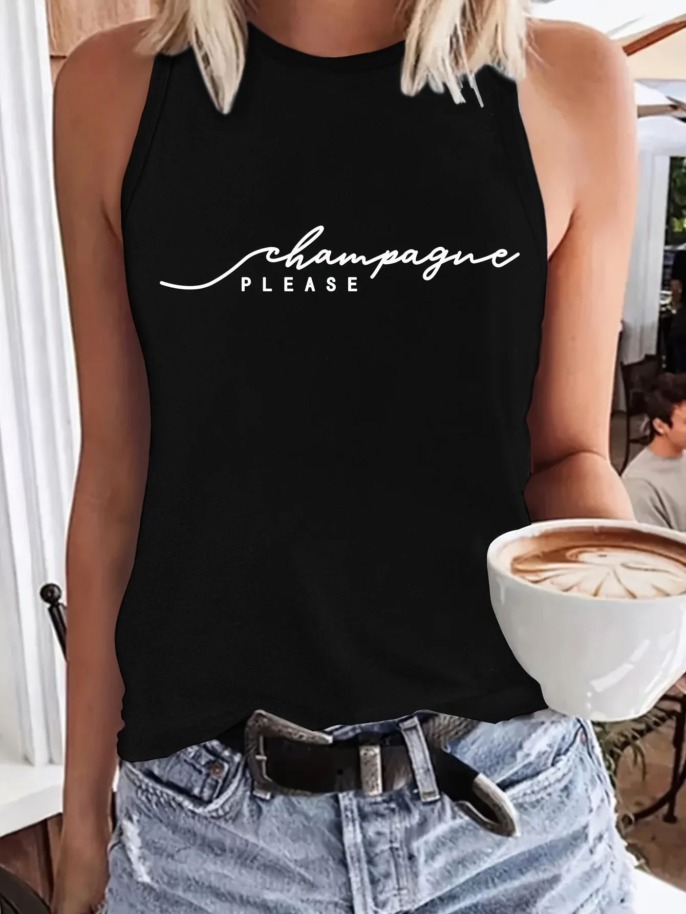 Women\'s Summer Casual Loose Size Please Champagne Print Round Neck Sleeveless Tank Top T-shirt Casual Letter Pattern Tops Summer