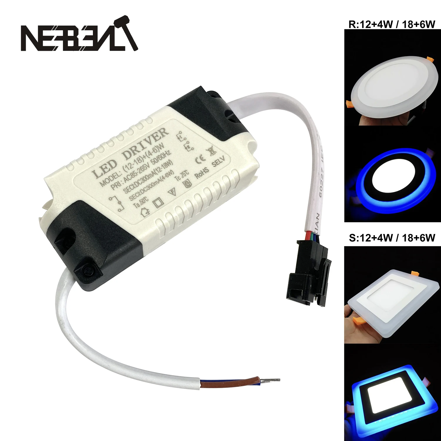 LED Driver 12+4W,18+6W Transfermer for 2 Color Ceiling Downlights Two Output:DC12-21V,36-62V 300mA 4pin AC110V-265V