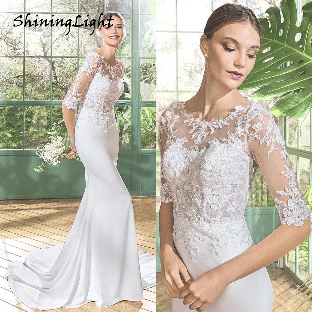 

ShiningLight Long Sleeve Satin Boho Wedding Dress Elegant Lace Applique White Bridal Wedding Gowns Vestido De Noiva Customized