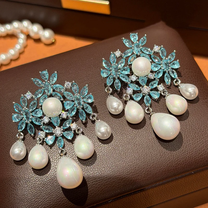 

Elegant Silver Plated Aqua Blue Crystal Flower Drop Earrings Teardrop Pearl Tassel Earrings for Women