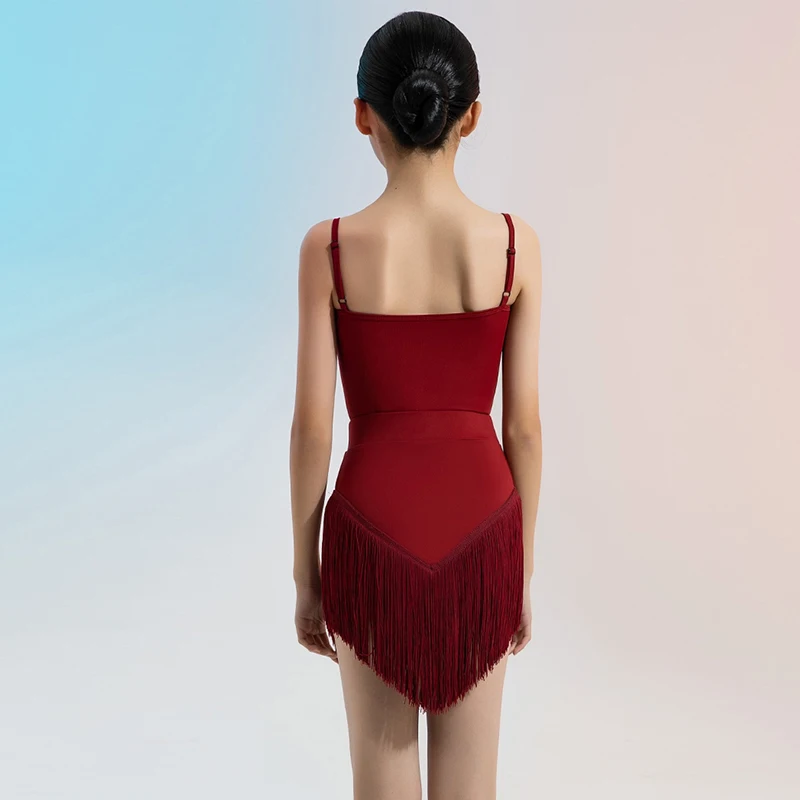 Rot Latin Dance Anzug Neue Mädchen Cha Cha Samba Bühne Kostüm Fringe Rock Sommer Sling Kleid Kinder Dance Performance Tragen AMY2081