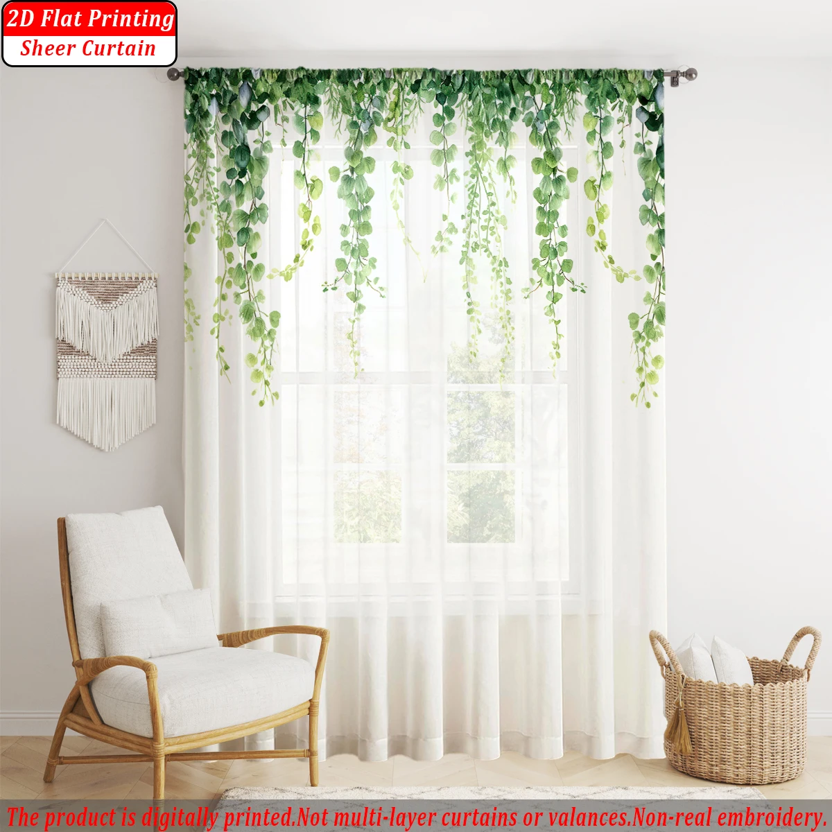 Green Wisteria Flower Flat Printing Sheer Curtain，Light Fabric，for Living Room Bedroom Home Door and Window Decor