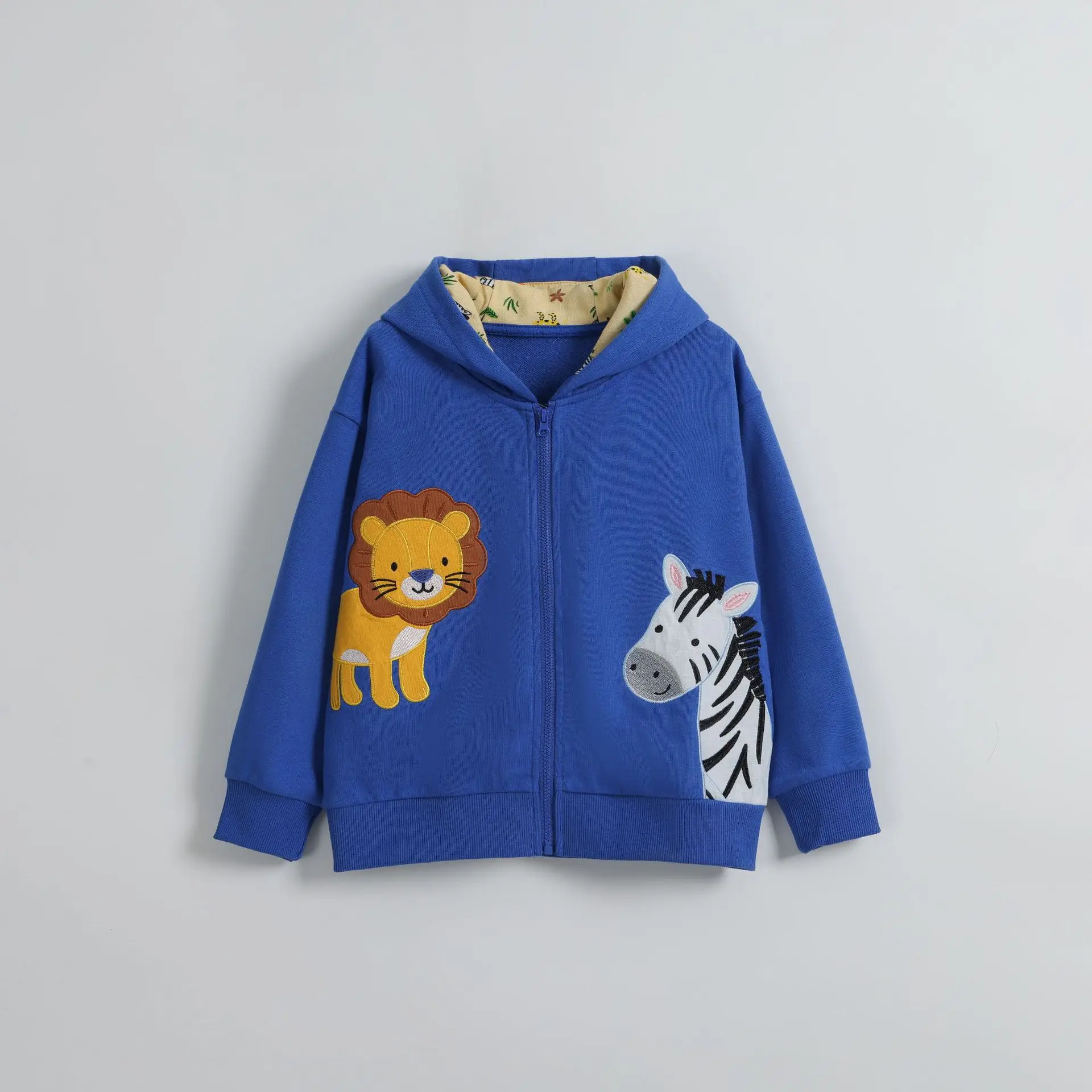 Autumn and winter new boys' coat hooded zipper cardigan cartoon animal sticker embroidered medium children's jacket