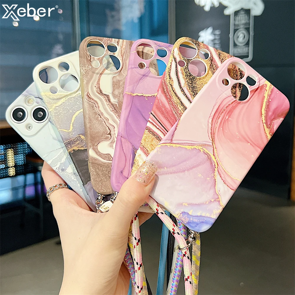 Luxury Marble Agate Crossbody Cord Rope Necklace Lanyard Case For iPhone 16 15 11 12 13 14 Pro Max Soft Silicon Shockproof Cover