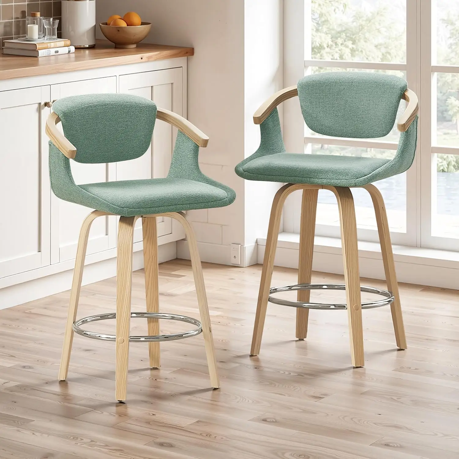 

Набор деревянных барных стульев из 2 мягких поворотных стульев со спинкой и подлокотниками в деревенском стиле для кухни, столовой, домашнего бара, по индивидуальному заказу