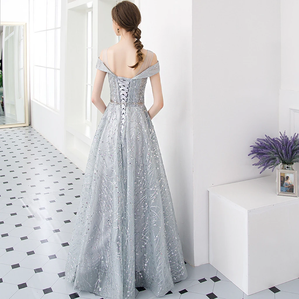 Silver Gray Bridesmaid Dresses Off Shoulder Sequin Boat Neck Belt Beading Applique A-Line Lace Wedding Lady Evening Party Gown