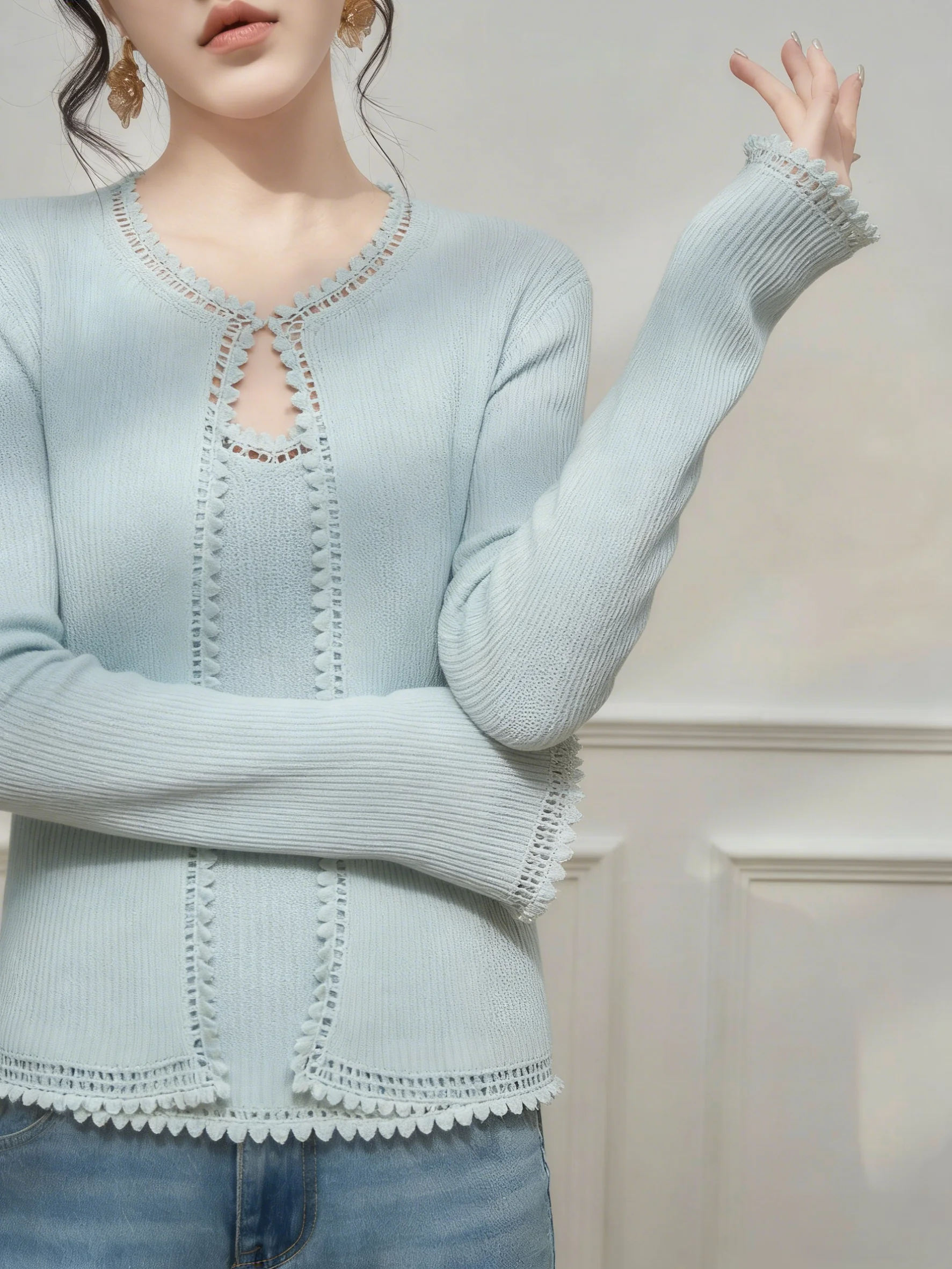 

Blue Three-Dimensional Crochet Knitted Hollow Thin Cardigan Cover up Casual Strap Two-Piece Set Women's Early Summer Outfit