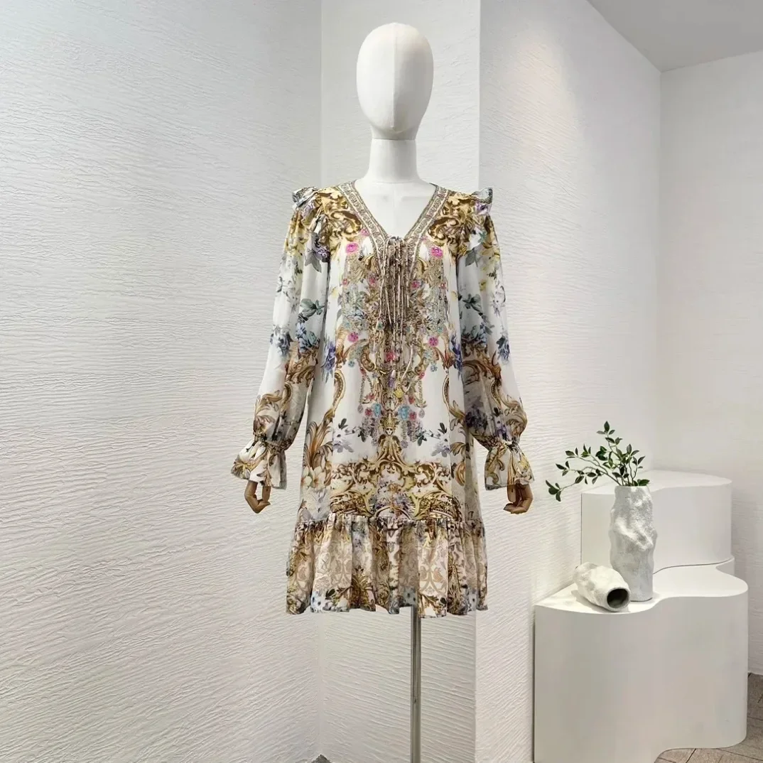 

Golden White Floral Print Long Sleeve Pullover Diamonds Pressed Ruffles Loose 2024 High Quality Pure Silk Women Mini Dress