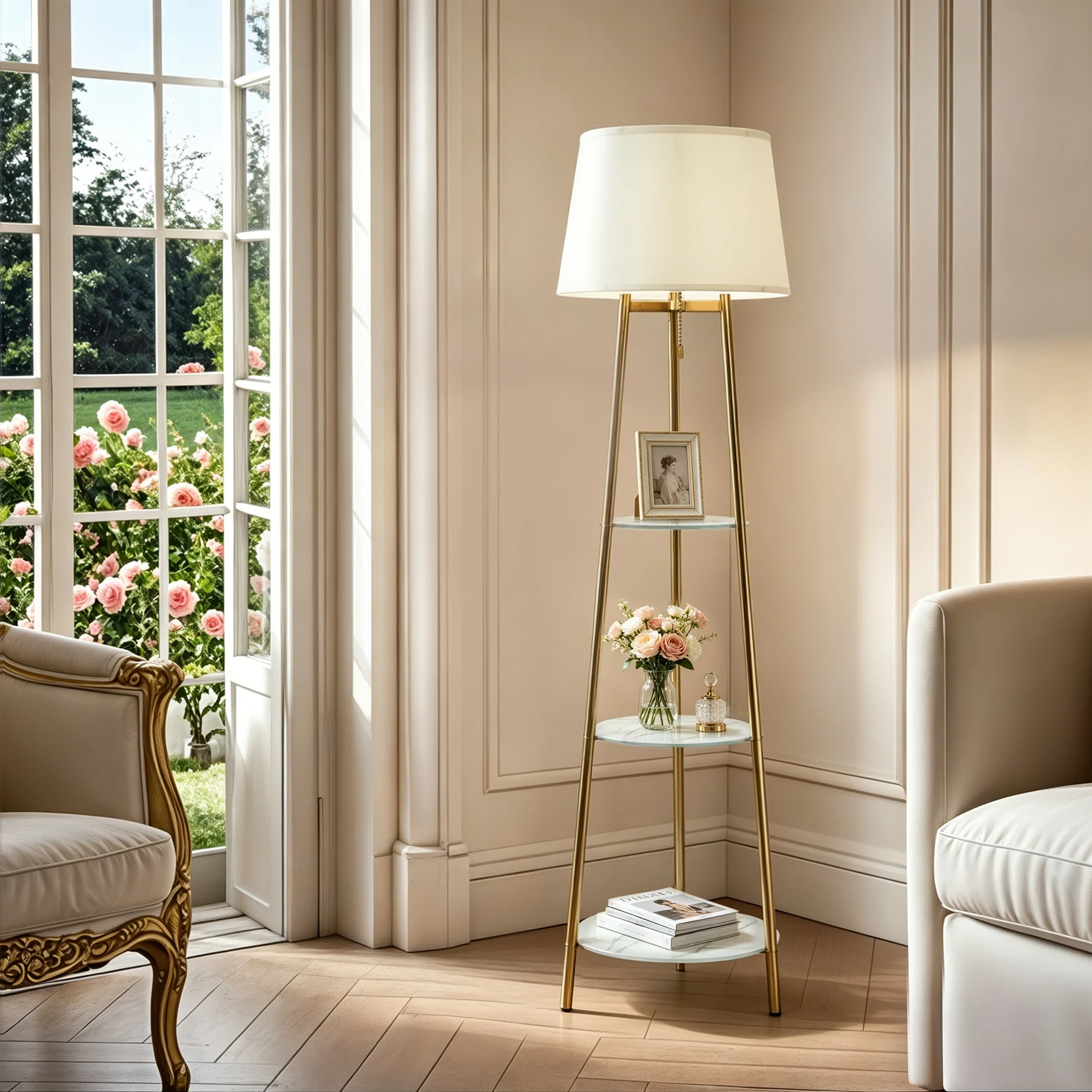 Modern Corner Display Column Bookshelf Lamp, Upgraded Version of Dimmable High Vertical Floor Lamp with Linen Lampshade, LED Bulb, Suitable for Living Room and Reading Room, Bedroom, Office and Nursery, White Marble and Golden Pillars
