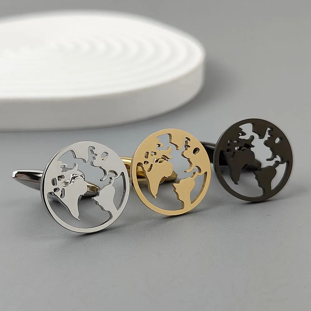 New - 18K gold-plated stainless steel cufflinks: world map globe design, fashion lapel pin, gift for friends