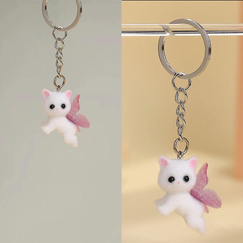 Cute Flocking Cat With Pink Butterfly Wings Keychain 3D Pendant Headphone Case Charm Bag Decor Car Key Ring Jewelry Gift