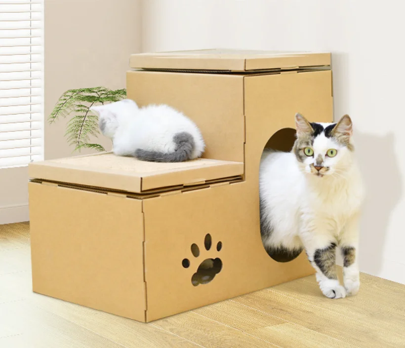 Multi-Level Corrugated Cardboard Cat House With Scratcher Pad Farmhouse Style Cat Bed Cave Hideout