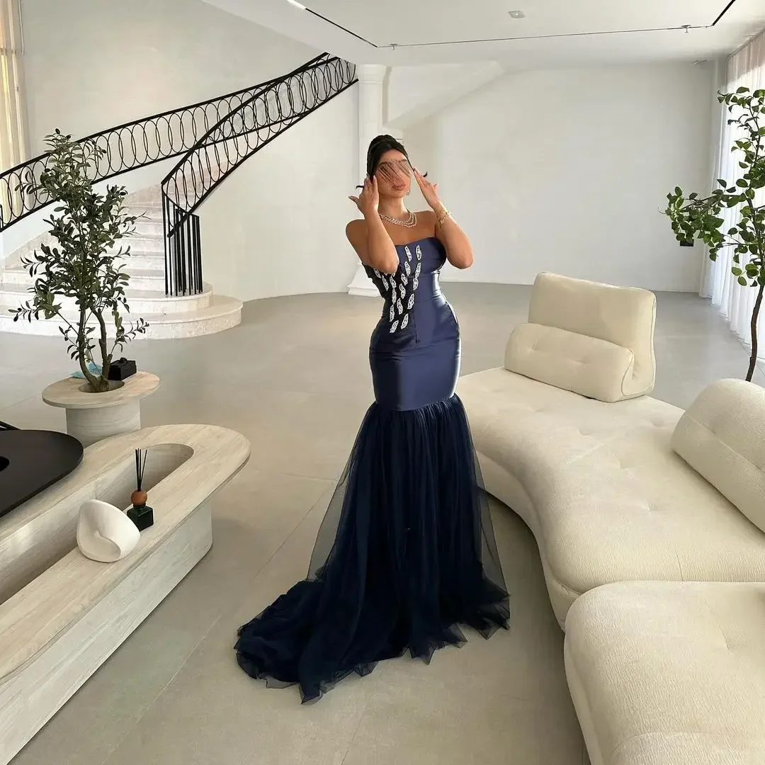 Customized Prom Dresses  Saudi Arabia Mermaid Sleeveless  Pleated Beadings Strapless Floor Length Formal High quality Retro