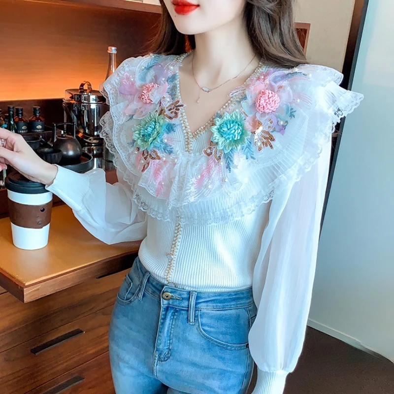 Floral Lace Stitching Knitted Chiffon Patchwork Shirt Women\'s Autumn Top 2024 New Beautiful V Neck Lonfg Sleeve Blouse Blusa