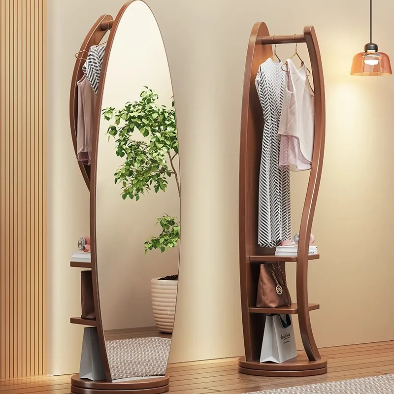 Solid wood full-body mirror floor mirror household rotatable full-length mirror hanging hanger integrated bedroom light luxury f