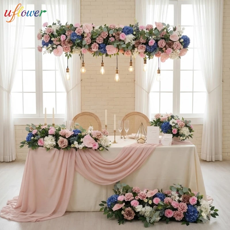 Wedding Pink Rose Bule Hydrangea Green Eucalyptus Artificial Flower Table Centerpiece Floral Arrangement for Party Event Decor