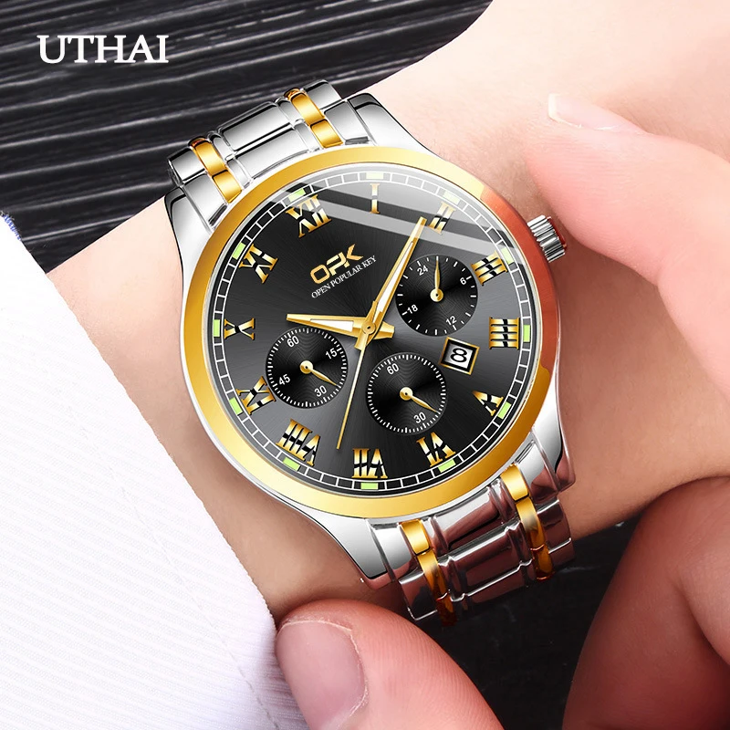 UTHAI CQ288 Новые деловые мужские часы с ремешком из нержавеющей стали, водонепроницаемые HD светящиеся кварцевые часы, роскошные часы в подарок