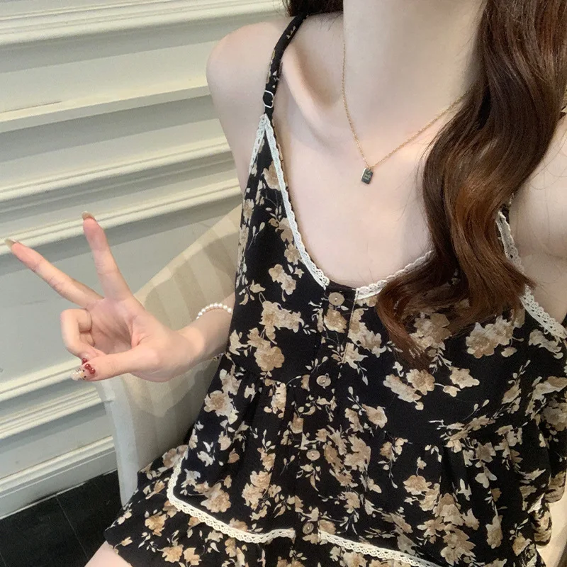 

Suspender Pajamas Women's Summer New Sexy with Chest Pad High-end Plaid Lace Loungewear Two-piece Set Comfort Breathable