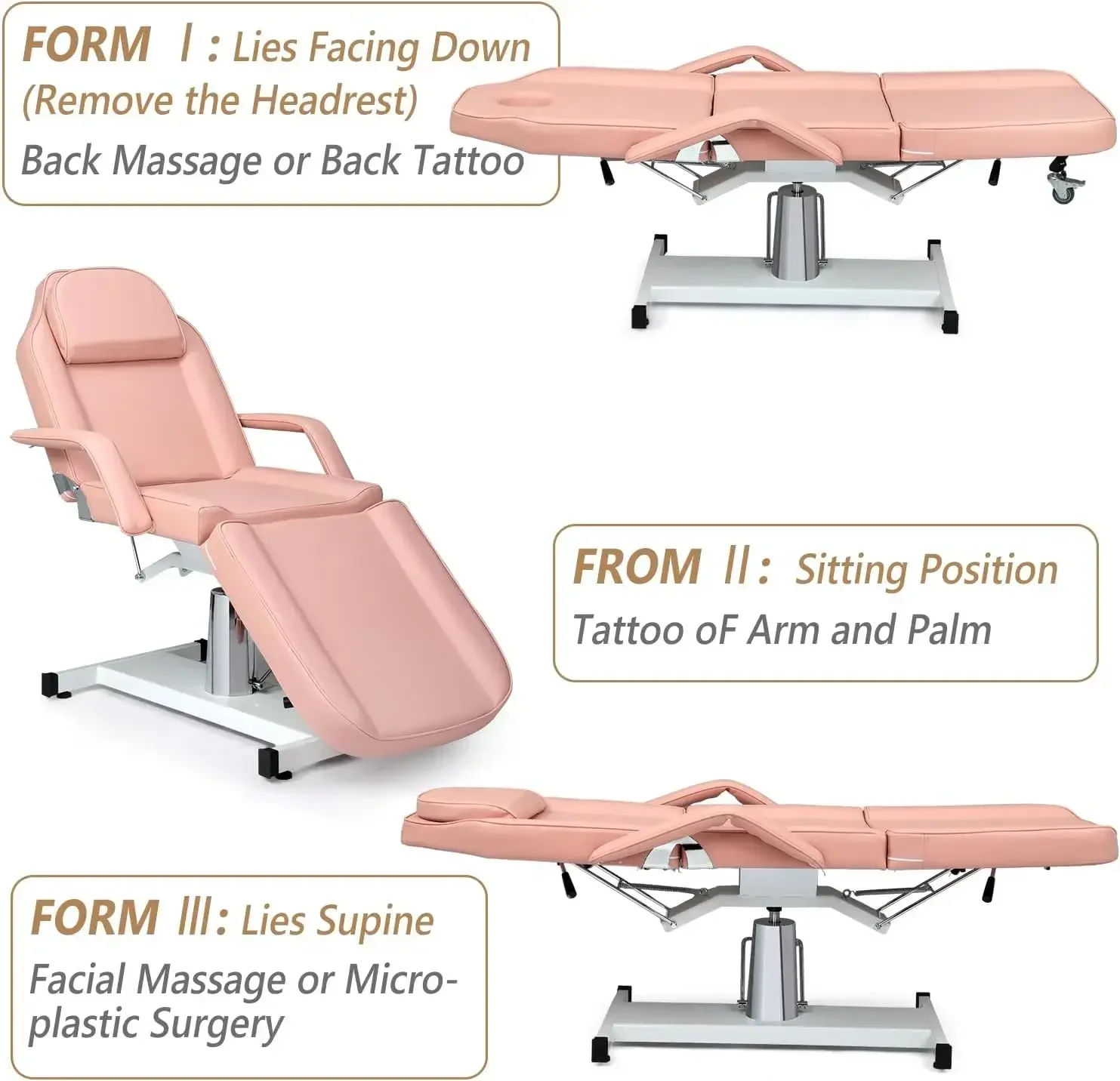 Hydraulic Facial Bed Massage Table, Multi-Purpose 3-Section Tattoo Chair Esthetician Bed, Adjustable Beauty Salon