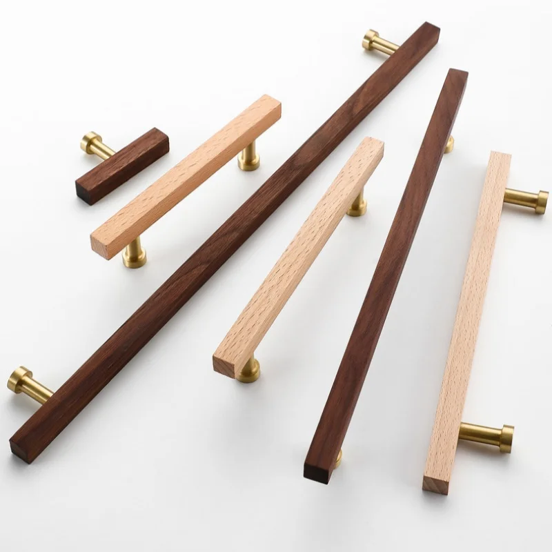 Solid Brass Beech Walnut Wood Wardrobe Door Pulls Japanese Kitchen Accessories Cupboard Cabinet Pulls Closet Furniture Handles