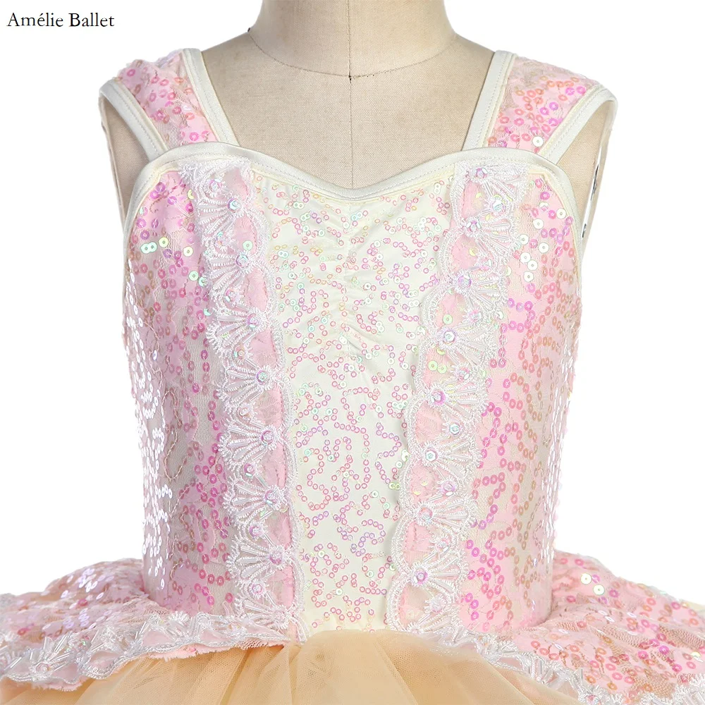 23025 corpete de elastano de lantejoulas rosa com saia tutu de tule marfim, fantasia de balé infantil para meninas, performance de palco, roupa de dança