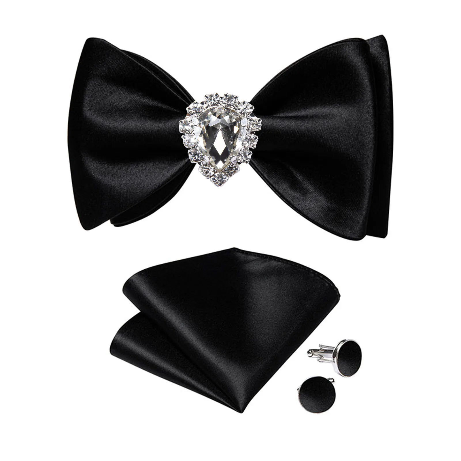 Modisches Selbstbindendes Fliege-Set mit Einstecktuch, Manschettenknöpfen und Ring, 4-teilig, Klassisch Schwarz, Einfarbig, Herren-Fliege mit Schmetterlingsknoten für Hochzeiten – Detail 5
