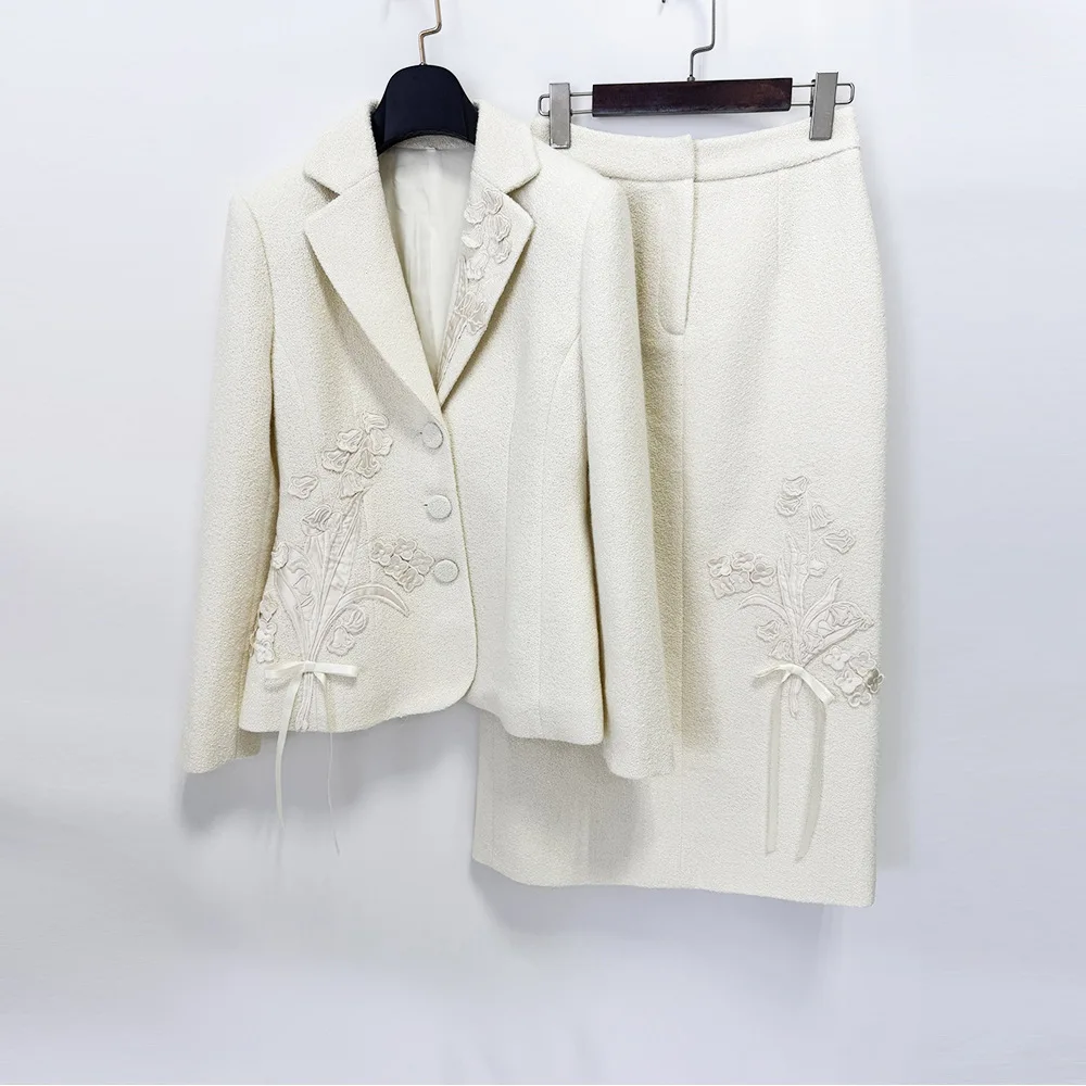 HIGH STREET Newest 2026 Designer Runway Suit Set Women's 3D Flower Embroidered Tailored Tweed Blazer Long Skirt Set 2pcs