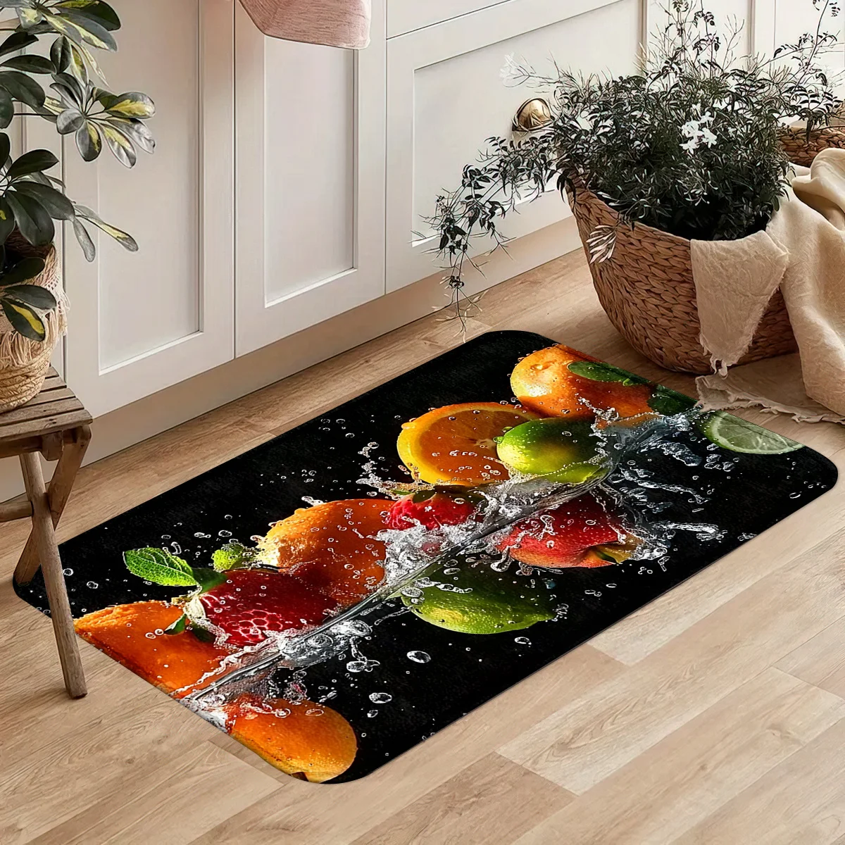Fresh Fruits Splash Kitchen Runner Rug Non-Slip Washable Long Floor Mat with Orange Strawberry Lime Print for Kitchen Laundry