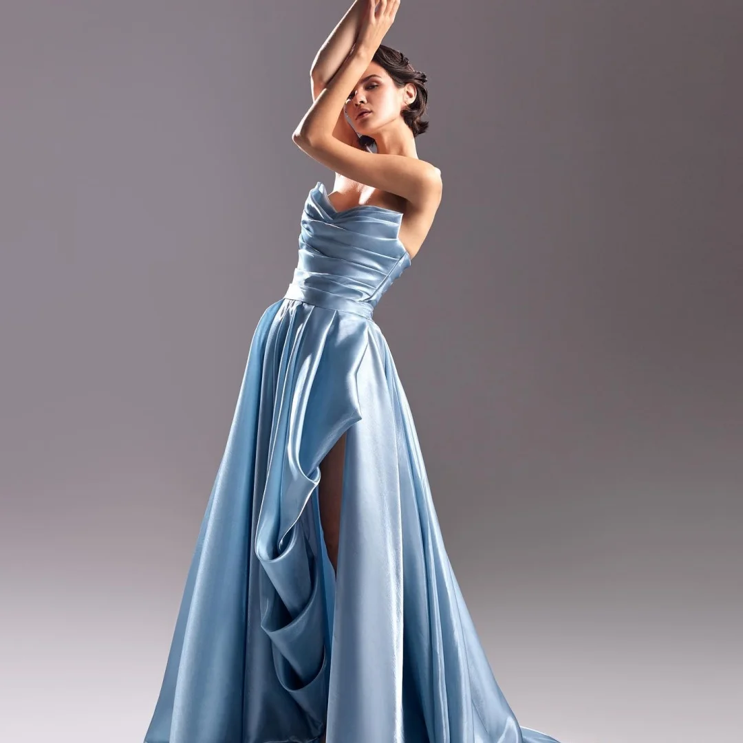 تخصيص أزياء الساتان ألف خط فساتين السهرة حمالة أكمام زيبر الظهر لوحة قطار فستان العودة للوطن مزاجه #3