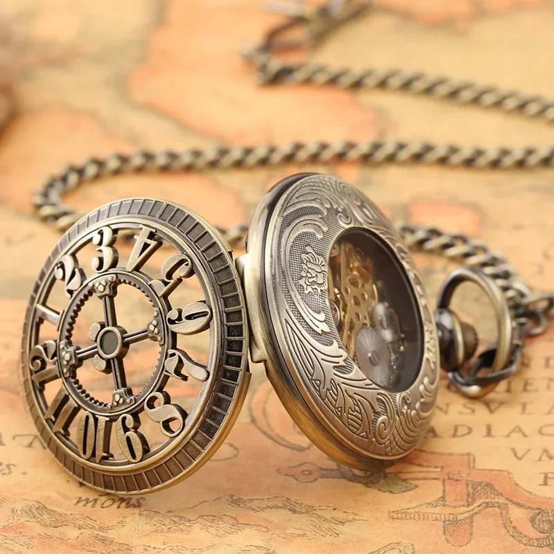 Antique Clock Roman Number Dial Men Women Handwind Mechanical Pocket Watch FOB Pendant  Chain Hollow Out Numeral Case Clock Gift