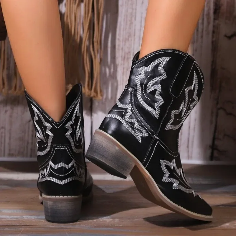 NEW Embroidery Botas Mujer  Faux Leather Cowboy Ankle Boots for Women Wedge High Heel Boots Snake Print Western Cowgirl Boots 43