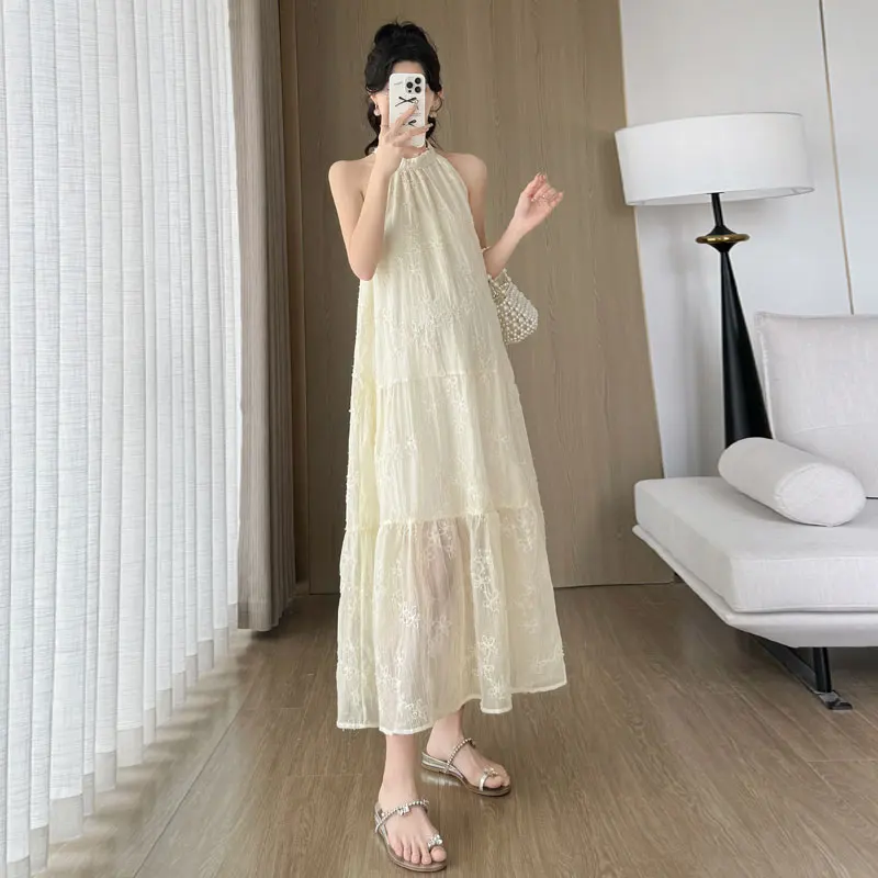 2026 Spring Summer Maternity Lace Dress Halter Collar Sleeveless Pregnant Woman Sleeveless Beach Dress for Holiday