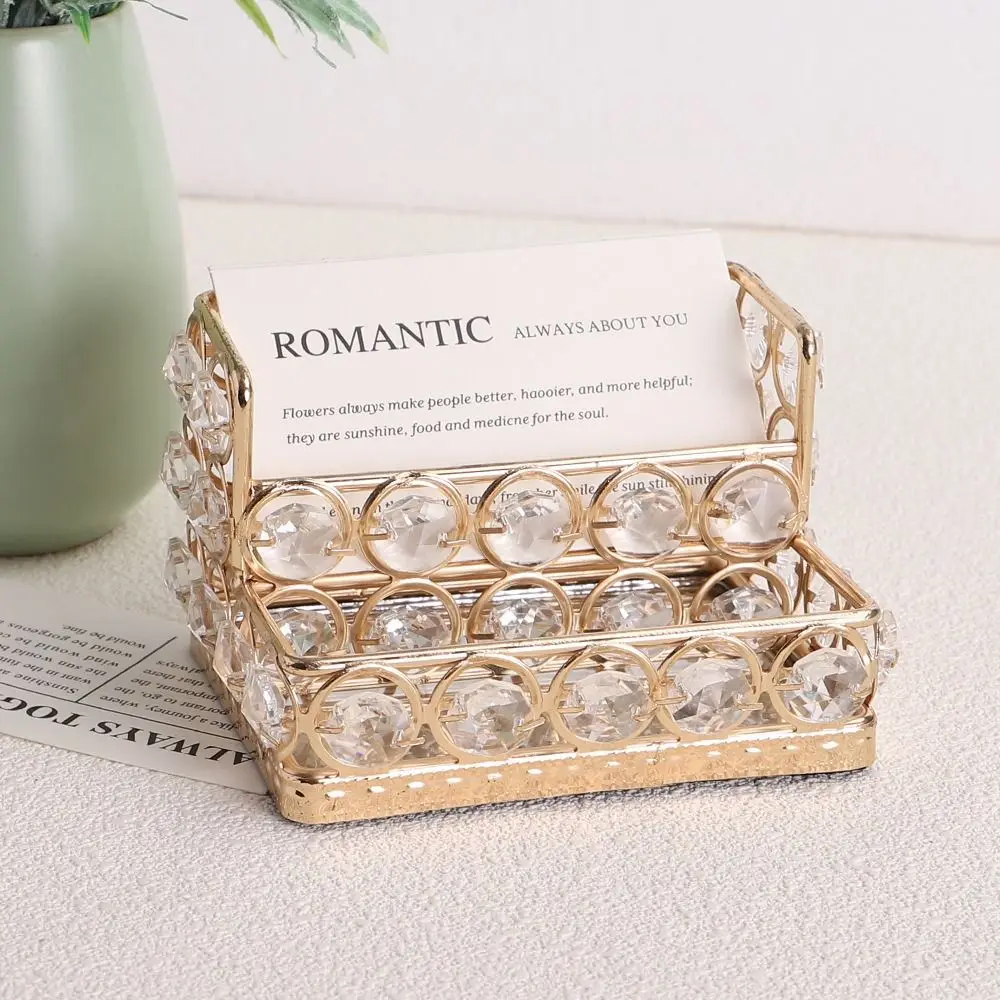 Double-layer Business Card Holder Shiny Round Crystal Large Capacity Name Card Organizer Anti-slip Sturdy Card Storage Container