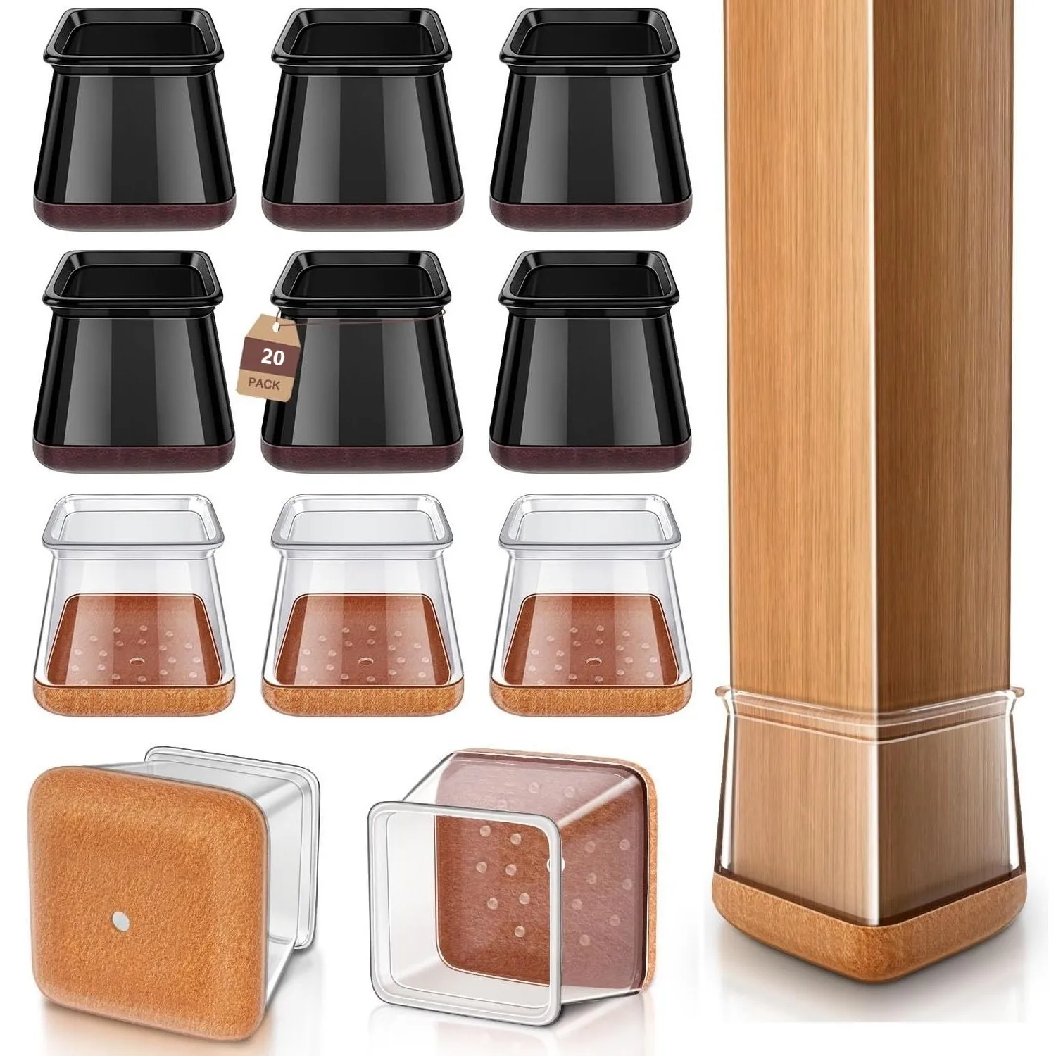 Square Chair Leg Protectors for Hardwood Floors - Anti-Scratch Silicone Caps with Felt Base Noise Reduction 8/20 Pack