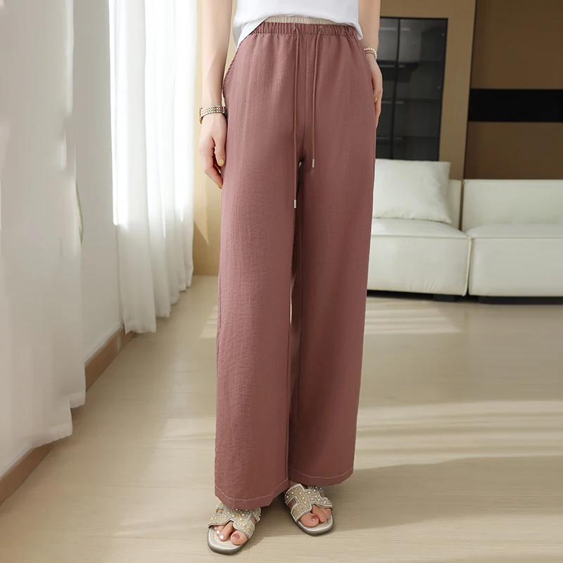 

Imitation cotton and linen through woven pants Women's 2025 spring and summer casual pants high-waisted all-match broadleg pants