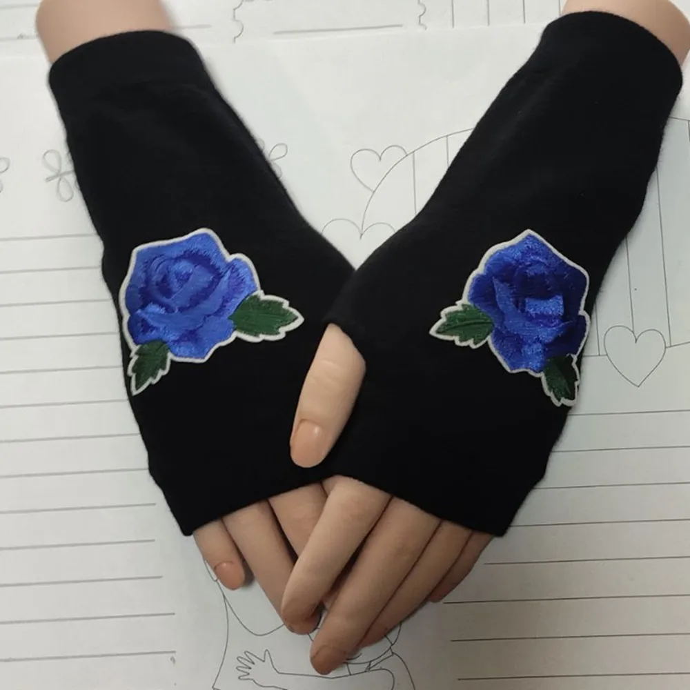 Guantes de punto sin dedos con bordado de rosas, novedad