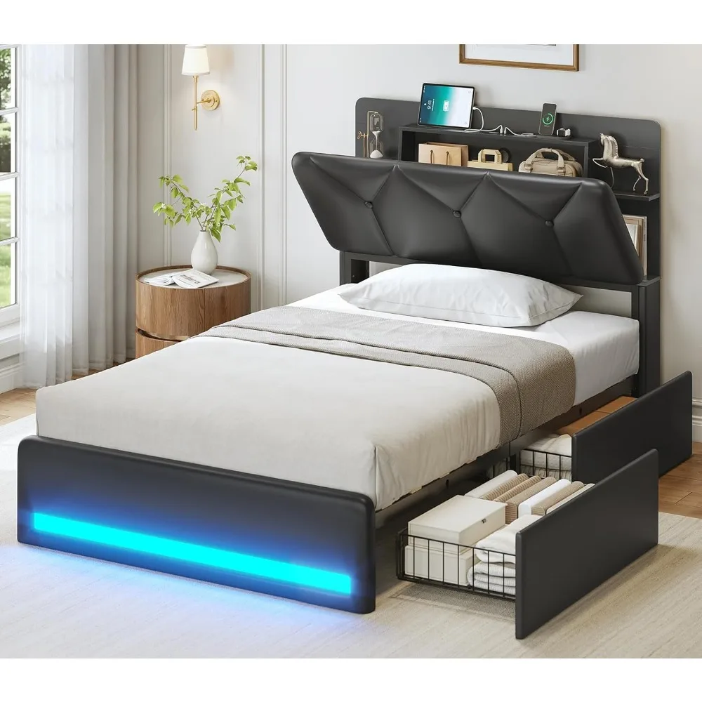 إطارات سرير مع لوح رأسي للتخزين المخفي المائل وأدراج مع قاعدة شحن، وإطار سرير منجد باللون الأسود