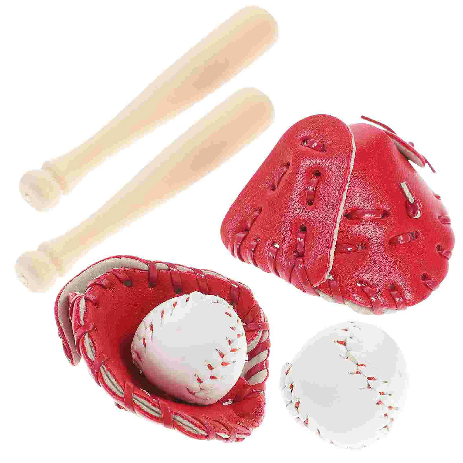 2 Sets Baseball Bat Glove Pretend Play Kids Playset Toy Miniature Sports Toys Crafts Accessories Wood