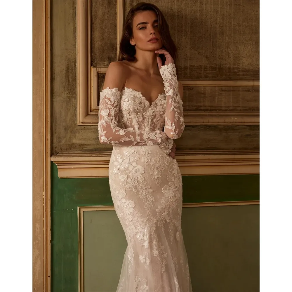 Customized Sweetheart Detachable Long Sleeves Mermaid Wedding Dresses Elegant Lace Appliques Open Back Floor Length Bridal Gowns