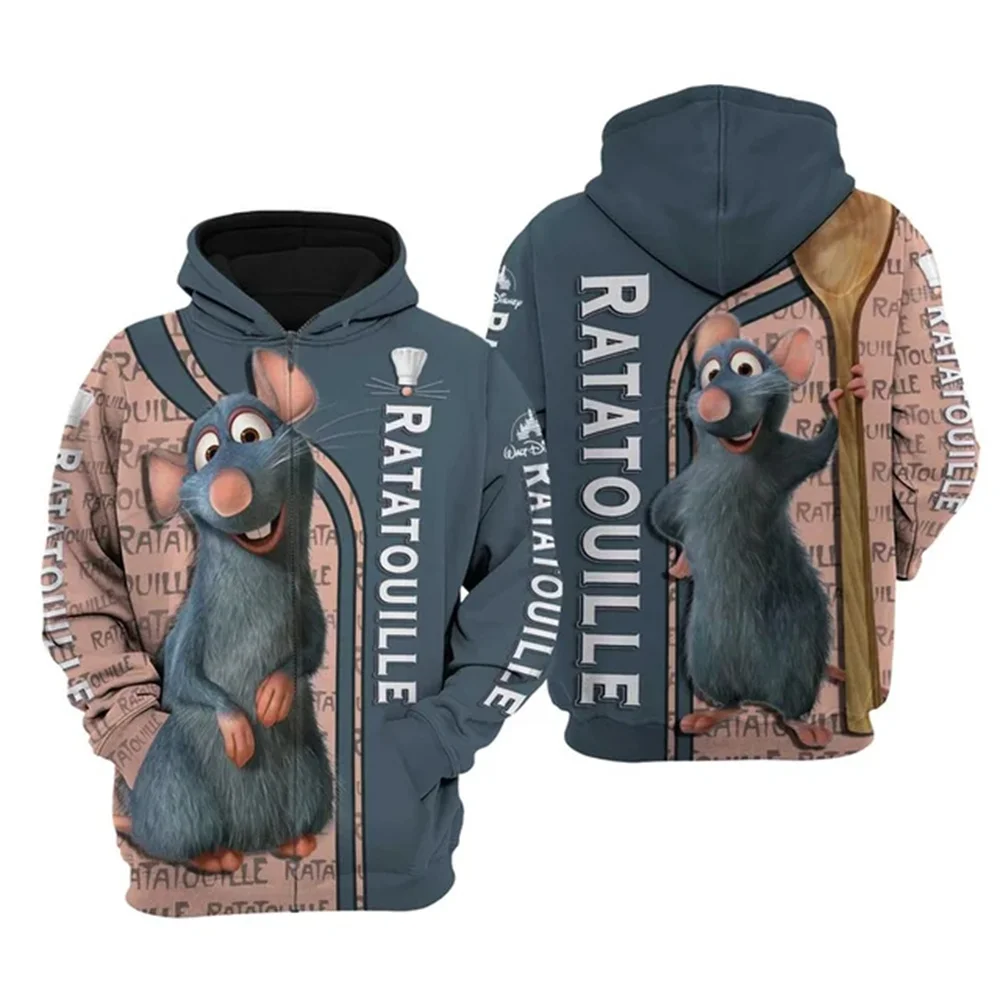 

2024 Winter New Hoodie Disney Ratatouille 3D Hoodie Disney Sweatshirt Thickened Hoodie Casual Vintage Men's Women's Zip Hoodie