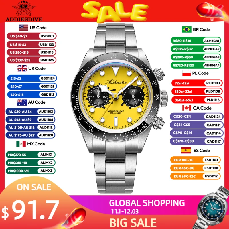 ADDIESDIVE VK64 Watches Men New Quartz Wristwatch Luxury Ceramic Bezel Chronograph BGW9 Luminous Diving 100m Waterproof AD2520