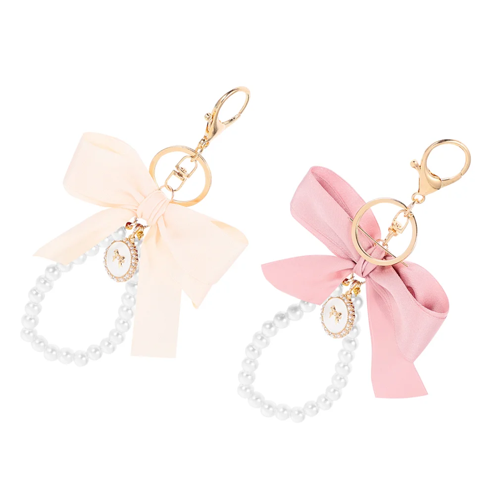 2 Pcs Bow Keychain Cute Accessories Pearl Rings Bag Pendant Small Unique Keychains