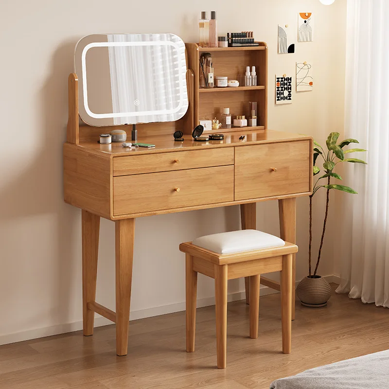 Modern Solid Wood Dressing Table Set With Lighted Mirror & Stool, Large-capacity Drawers, Bedroom Bedroom Storage Cabinet