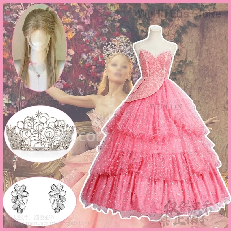 Glinda Wicked Cosplay Anime Movie Costume Pink Dress Lolita Evening Cute Suit Wig Halo Earing Set For Halloween Girls Customized