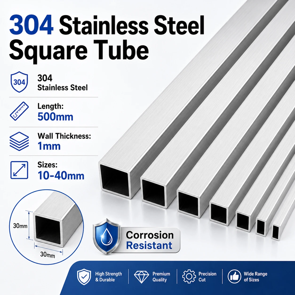 1-2pc 500mm 304 Stainlesss Square Tube, Rustproof Hollow Steel Rod 10-40mm for Outdoor Machinery & DIY Welding Projects